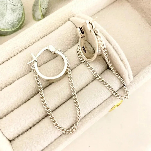 Jewelry - 925 Sterling Silver Dangle Chain Hoop Earrings Small Silver Hoops Modern Hoops